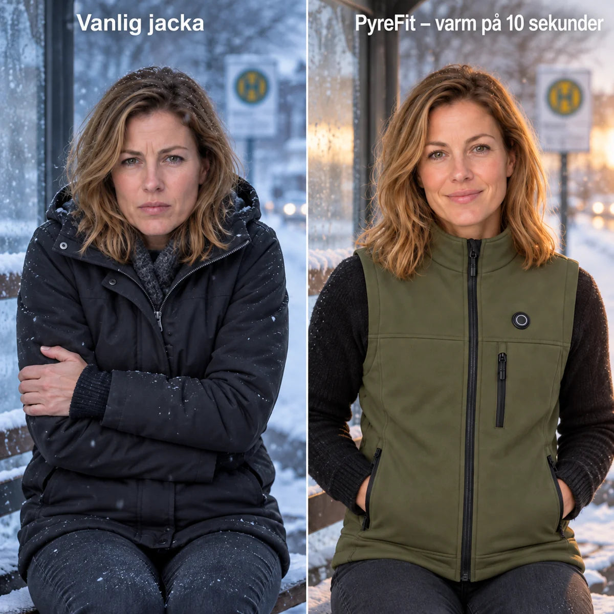 Jämförelse: vanlig vinterjacka och Allora med värme