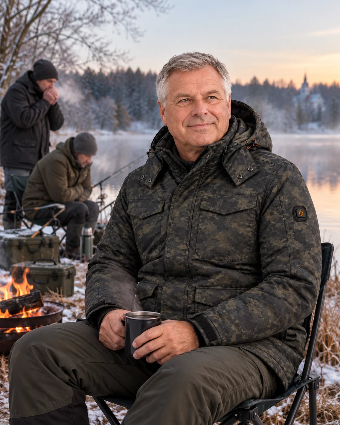 Värmejacka herr i kamouflage PyreFit Alpino en vinterdag: vid fisket