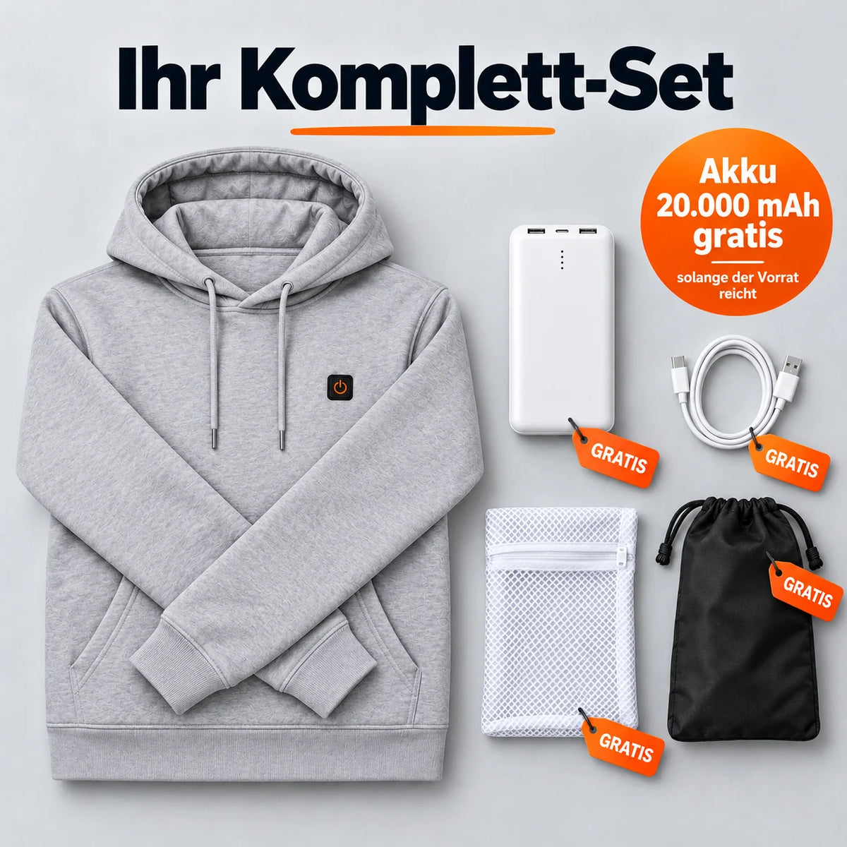 Komplett set: Velocor, powerbank 20 000 mAh, laddkabel, tvättpåse och väska