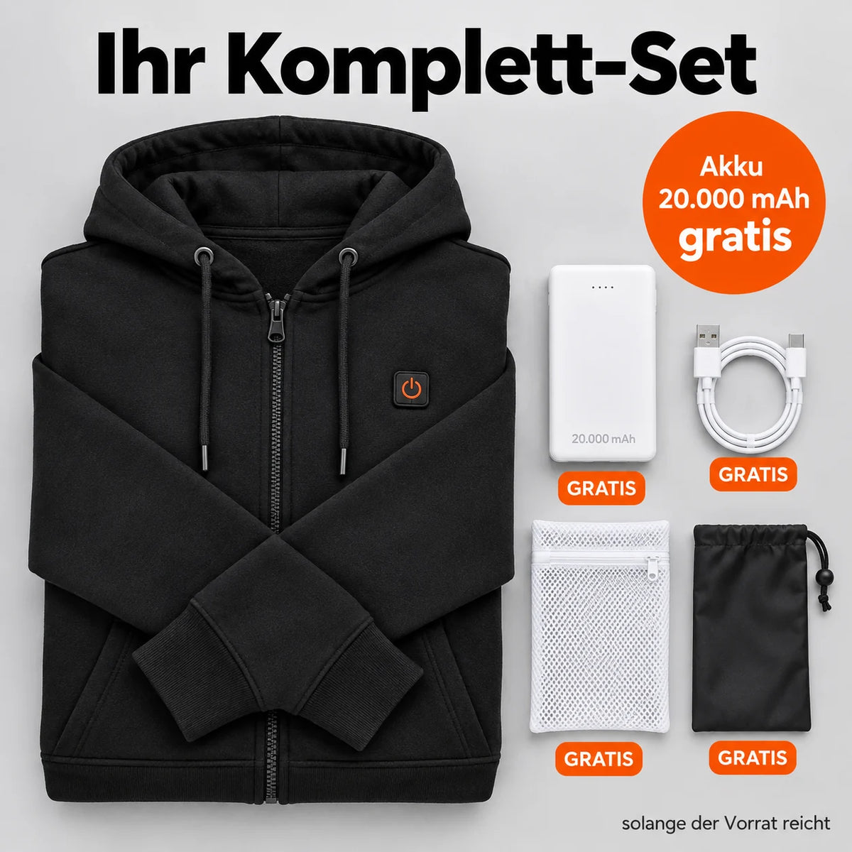 Komplett set: Voltor, powerbank 20 000 mAh, laddkabel, tvättpåse och väska