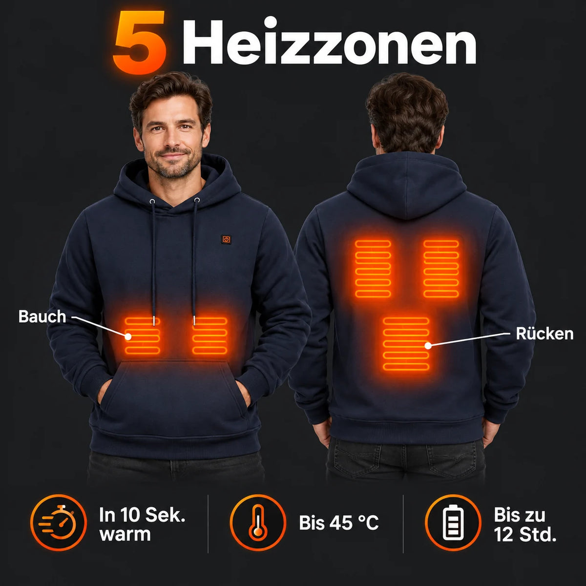 Uppvärmd hoodie herr PyreFit Zippa: 5 värmezoner på mage och rygg