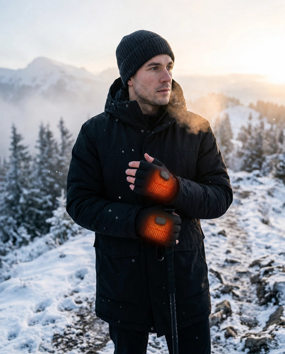 Man bär uppvärmda fingerlösa handskar i snön