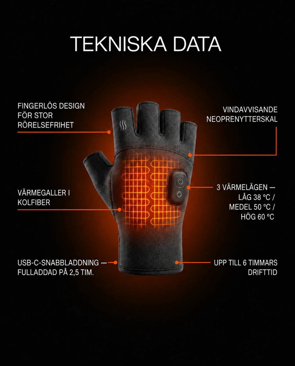 Infografik om uppbyggnad och funktioner hos de uppvärmda fingerlösa handskarna
