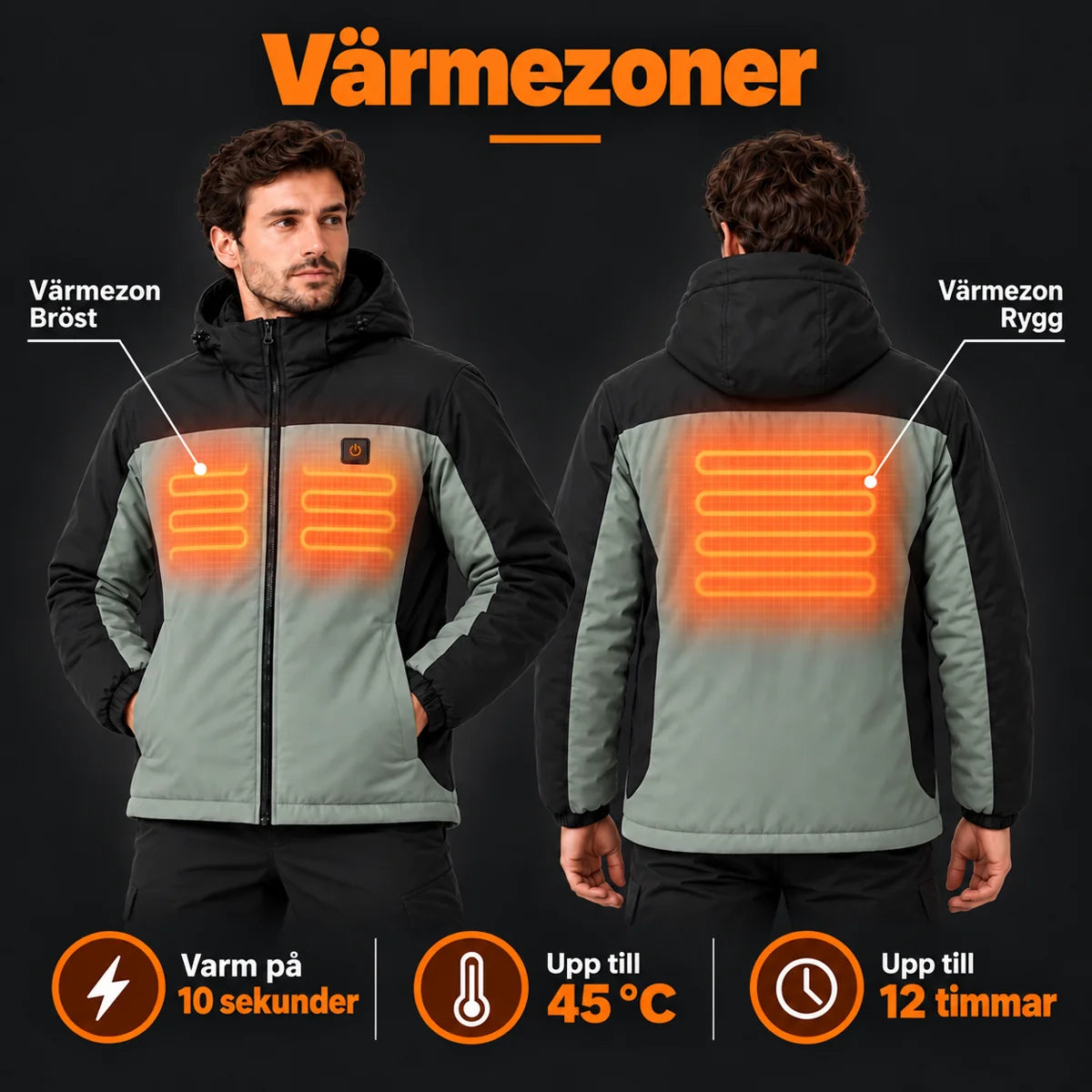 Uppvärmd parkas unisex PyreFit Schiefer: värmezoner på bröst och rygg