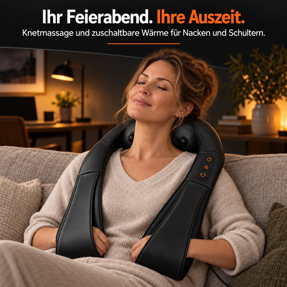 Shiatsu-nackmassageapparat i svart: massagepaus i soffan efter arbetsdagen