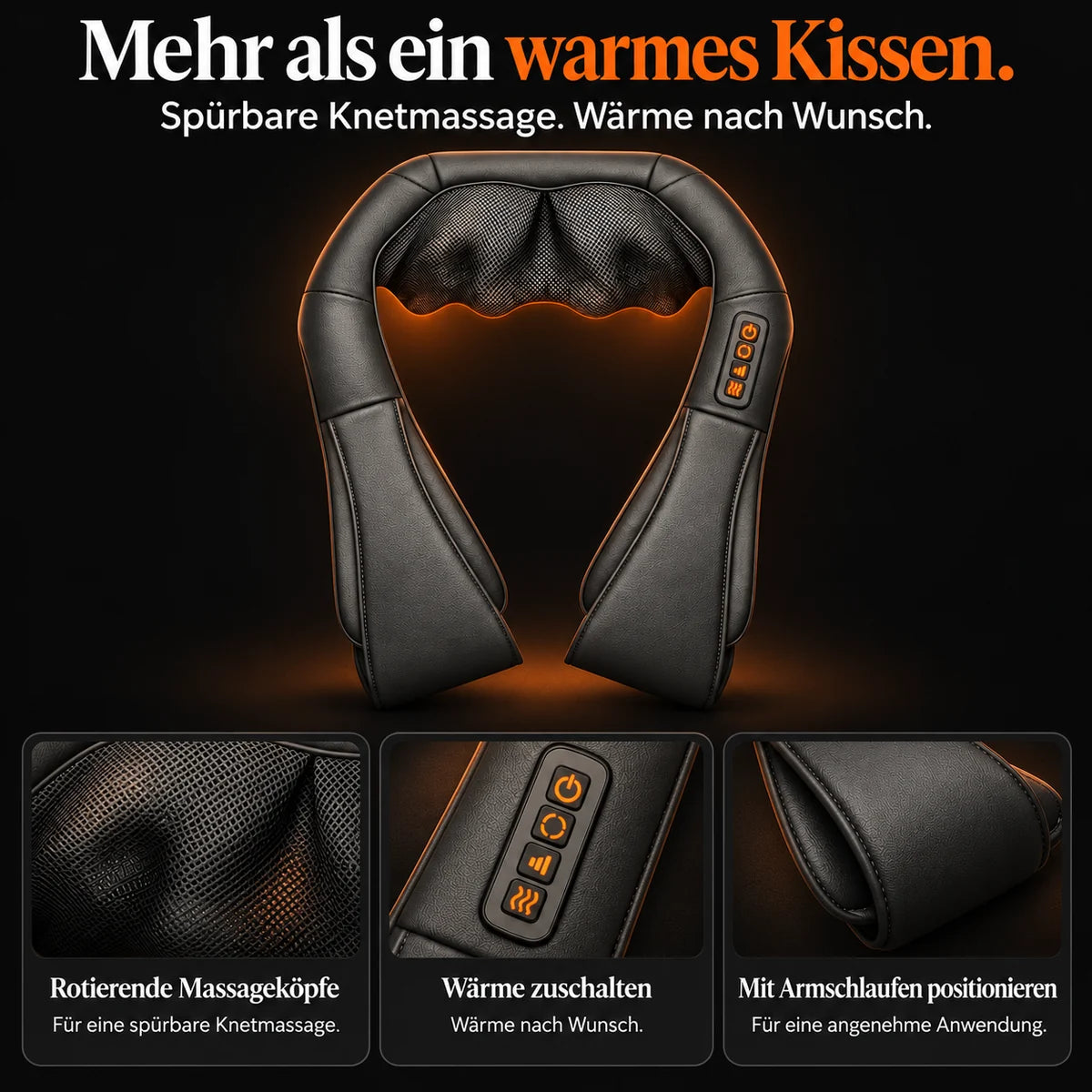 Shiatsu-nackmassageapparat i grått: massagehuvuden, knappar och armöglor i översikt