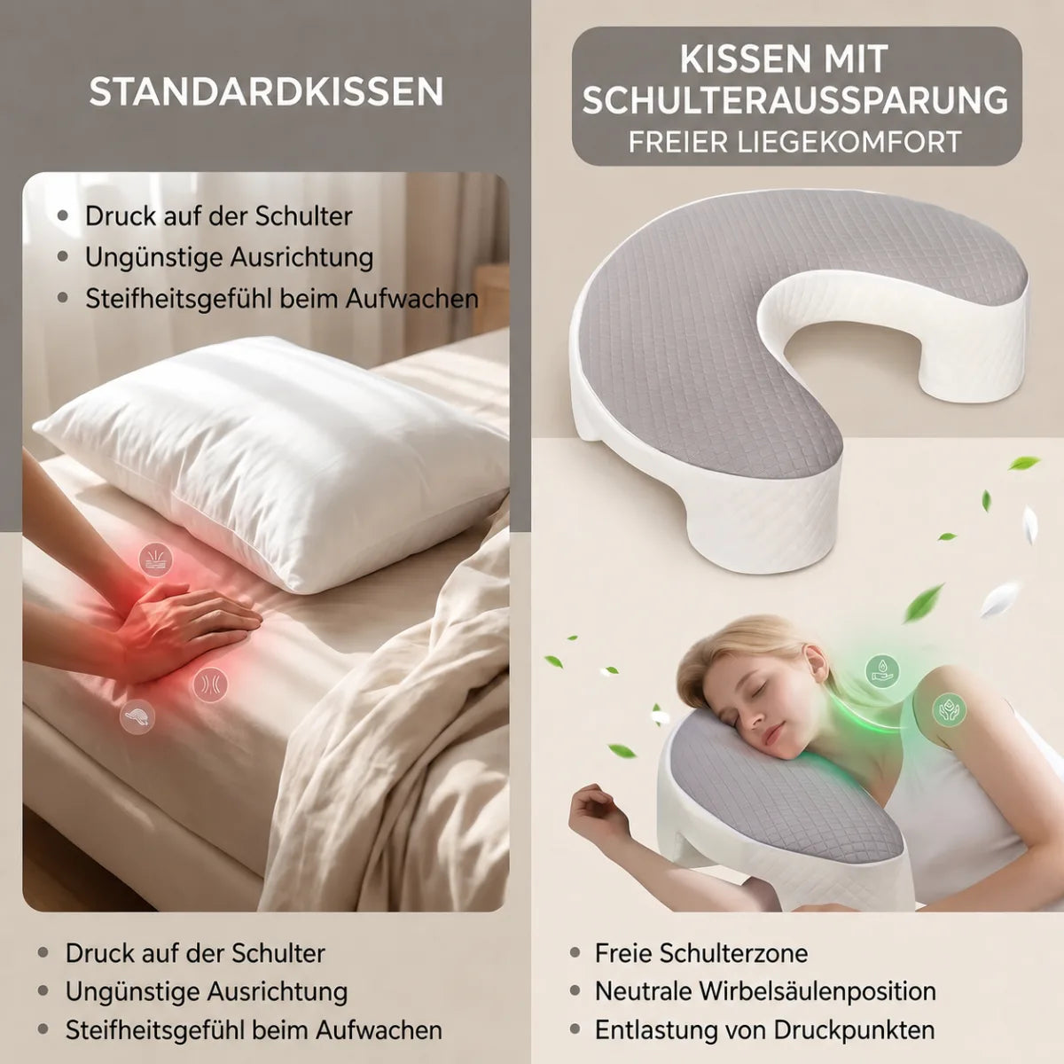 De flesta kuddar stöttar huvudet. Den här ger plats åt axeln.