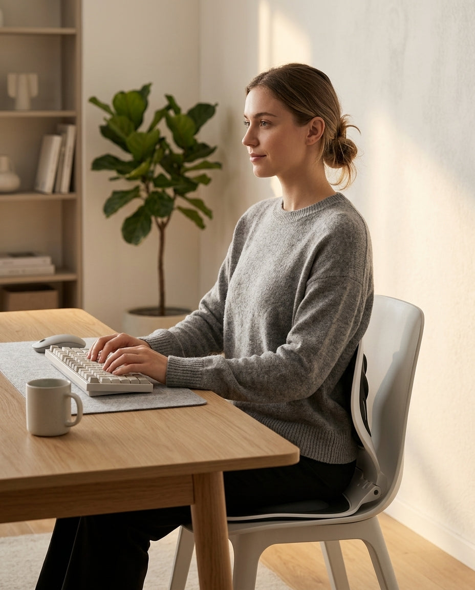 Woman sitting at an ergonomic home office desk with posture support