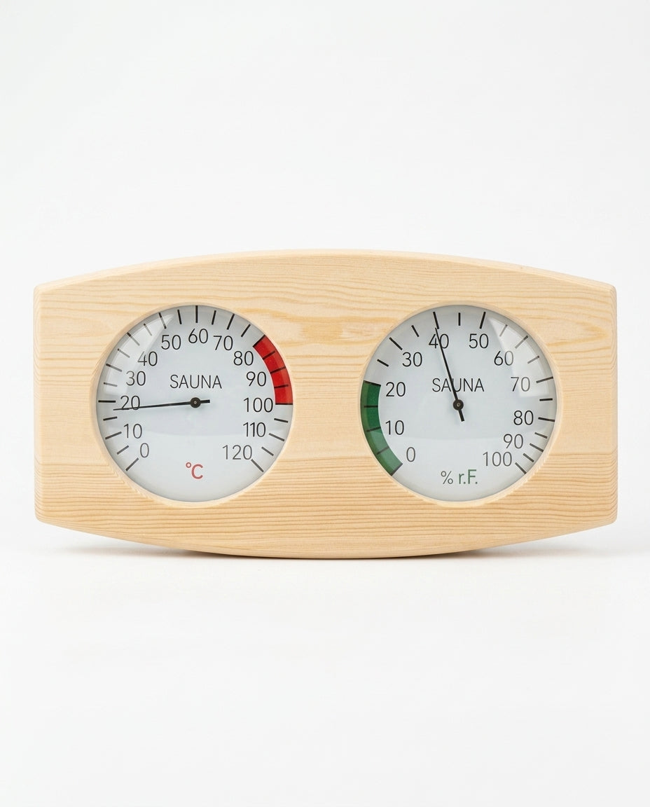 Bastutermometer och hygrometer i trä – värme och luftfuktighet i en blick – produktbild 1