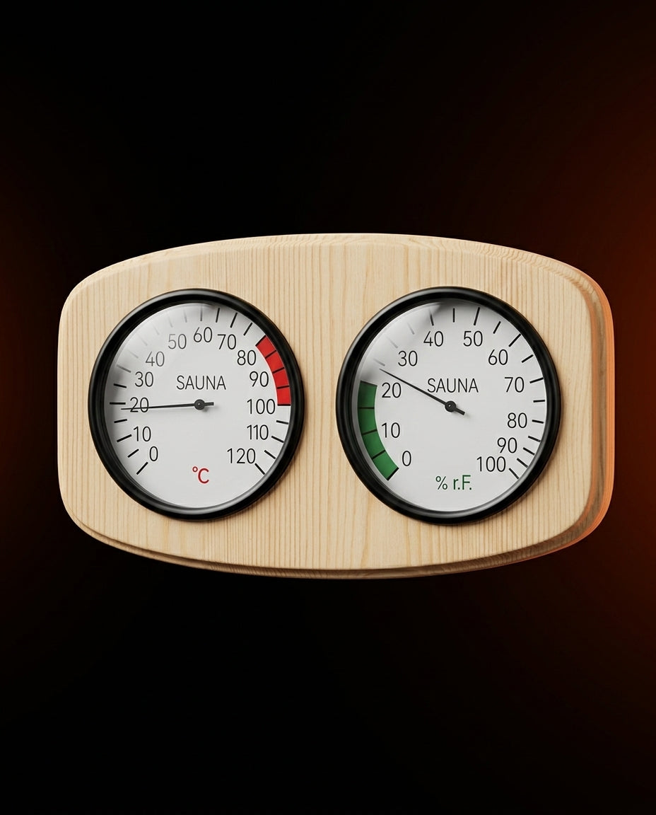 Bastutermometer och hygrometer i trä – värme och luftfuktighet i en blick – produktbild 2