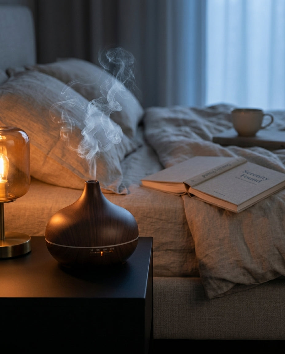 Aromadiffuser med färgljus – ultraljudsdimma i träimitation för ett lugnare rum – produktbild 2