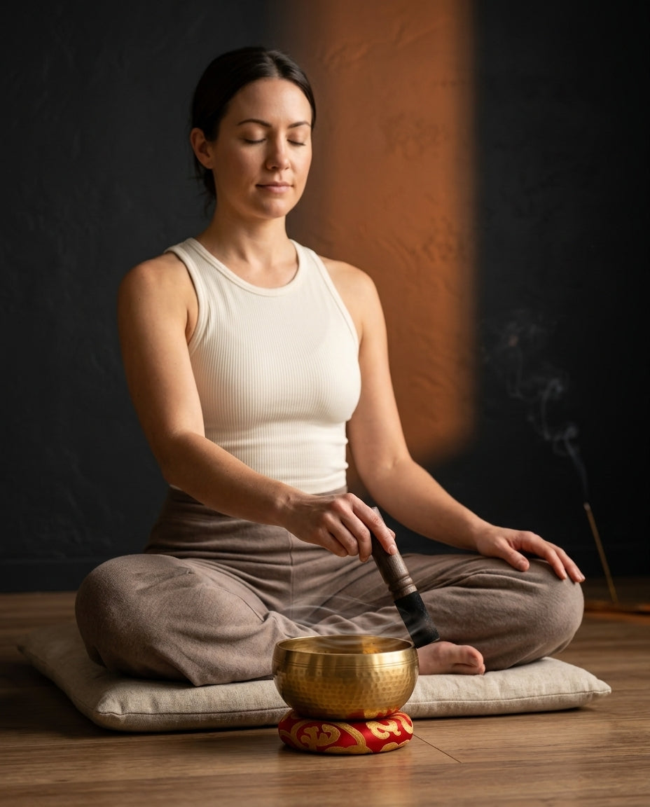 Klangskål i koppar med klubba och dyna – handgjord för meditation – produktbild 2