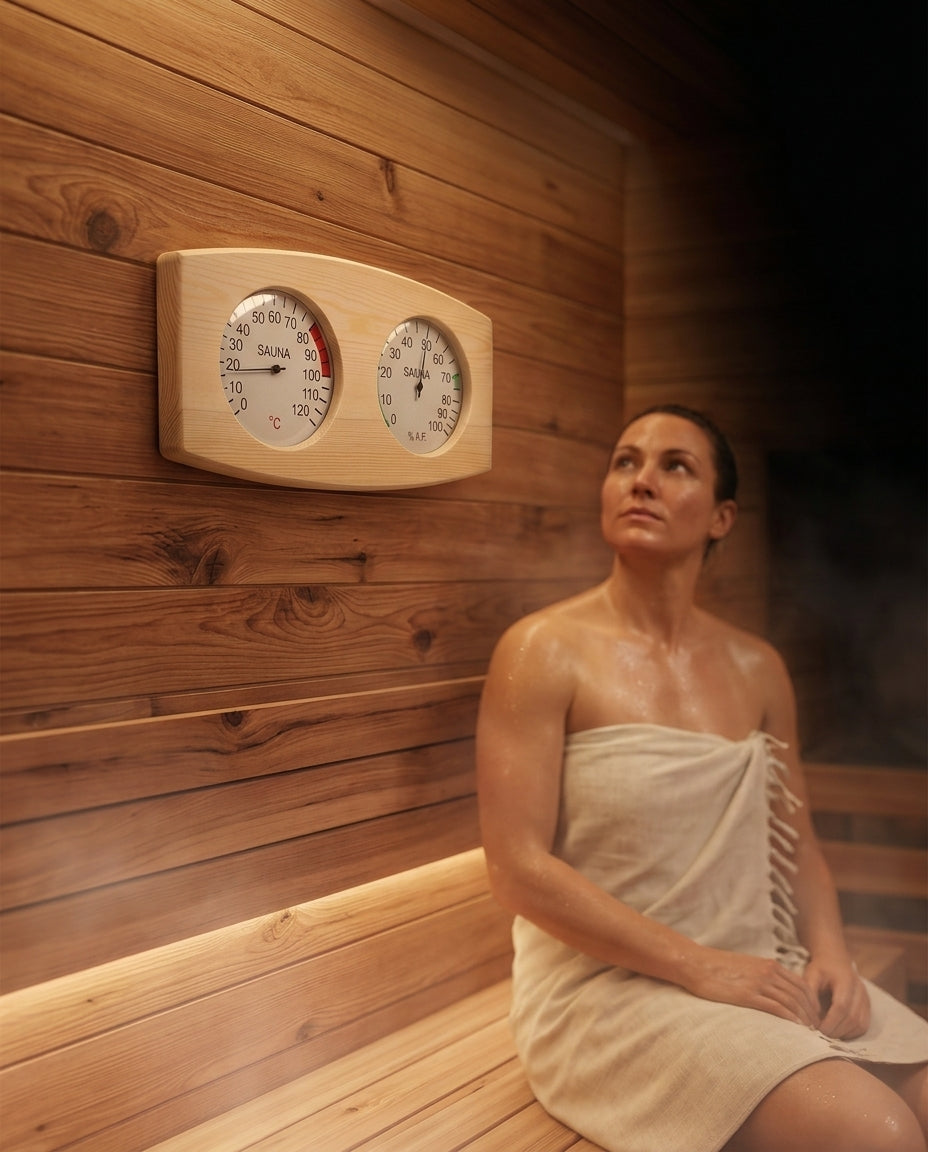 Bastutermometer och hygrometer i trä – värme och luftfuktighet i en blick – produktbild 3