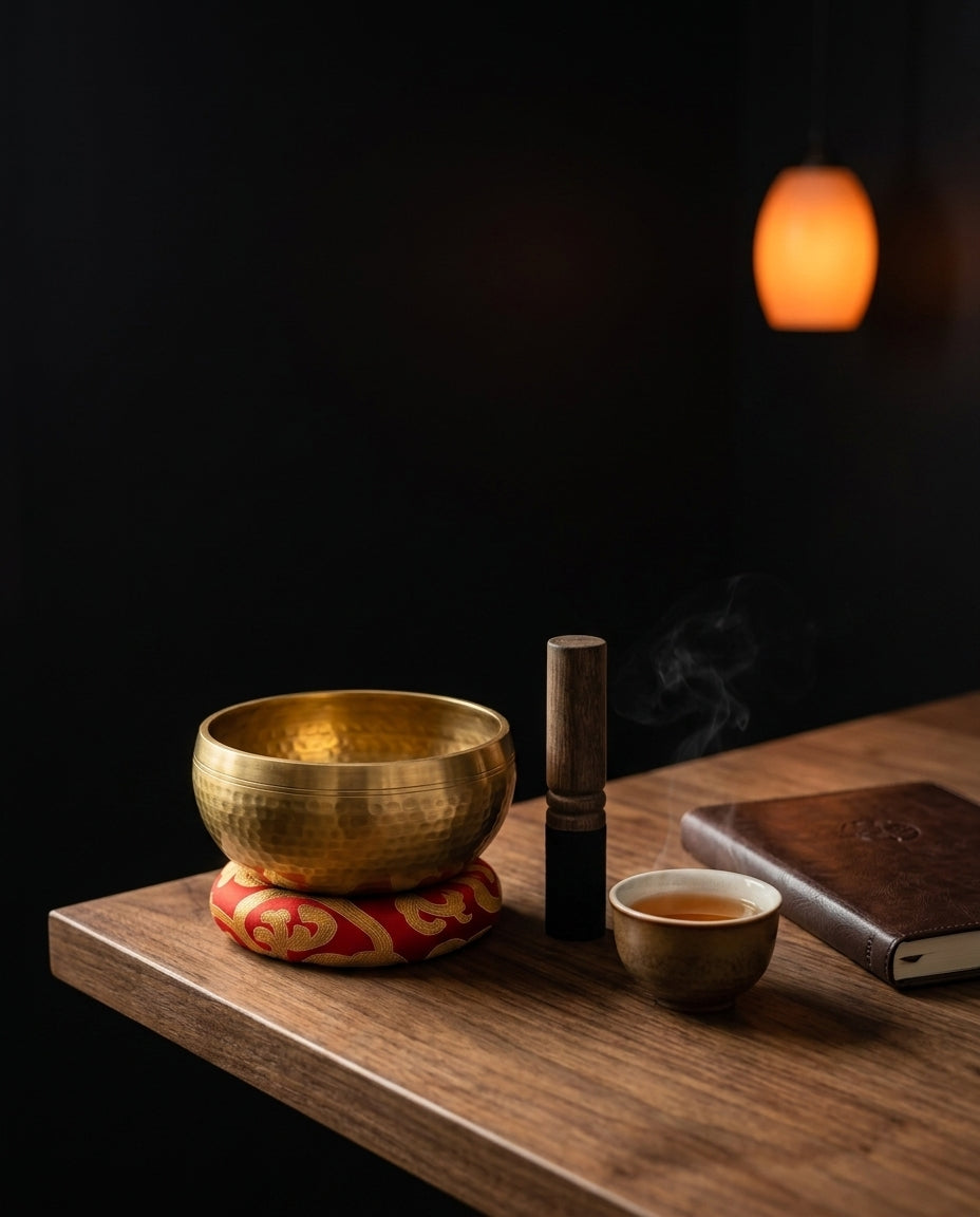 Klangskål i koppar med klubba och dyna – handgjord för meditation – produktbild 3