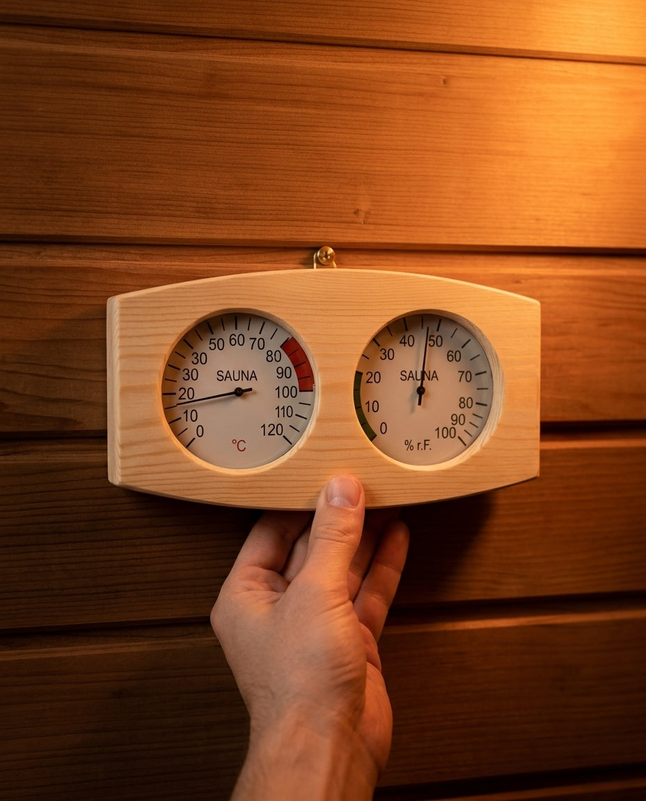 Bastutermometer och hygrometer i trä – värme och luftfuktighet i en blick – produktbild 4