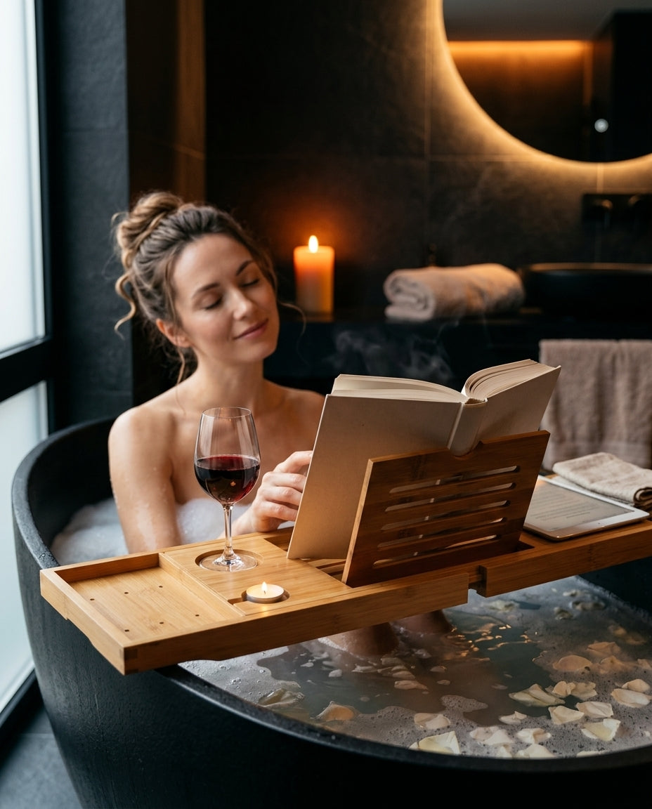 Badkarsbricka i bambu – utdragbar med plats för bok, surfplatta, glas och ljus – produktbild 3