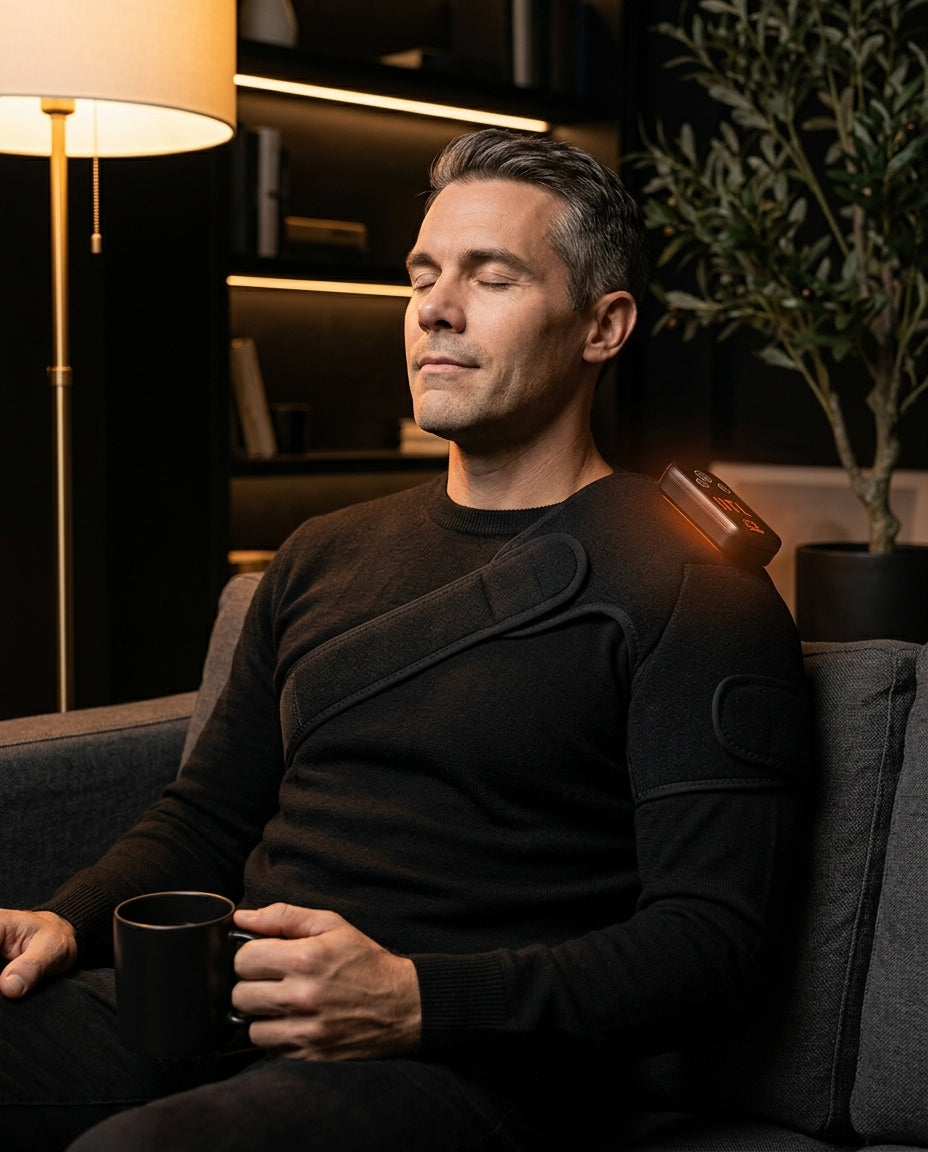 Man bär det uppvärmda axelbandaget från PyreFit i soffan