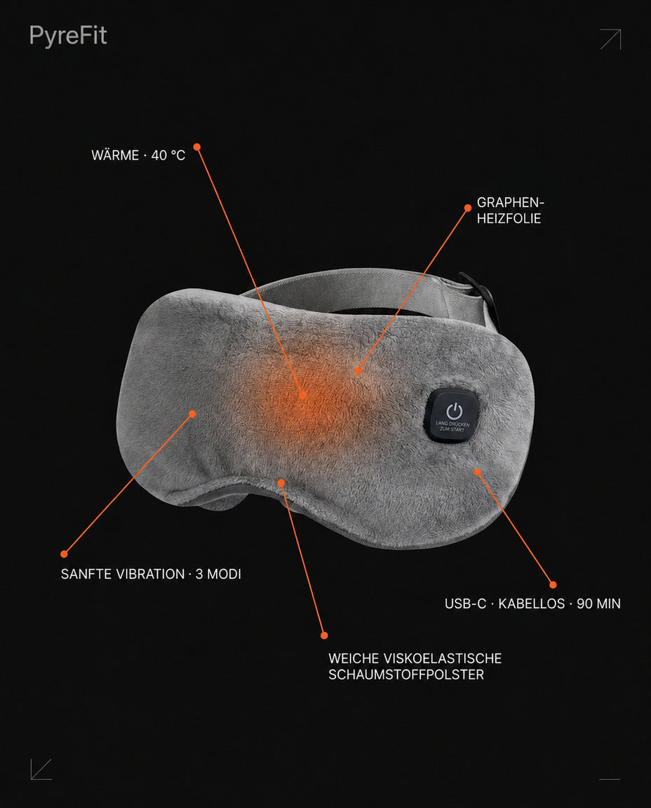 Hopfällbar ögonmassageapparat med värme – infografik om uppbyggnad och funktioner