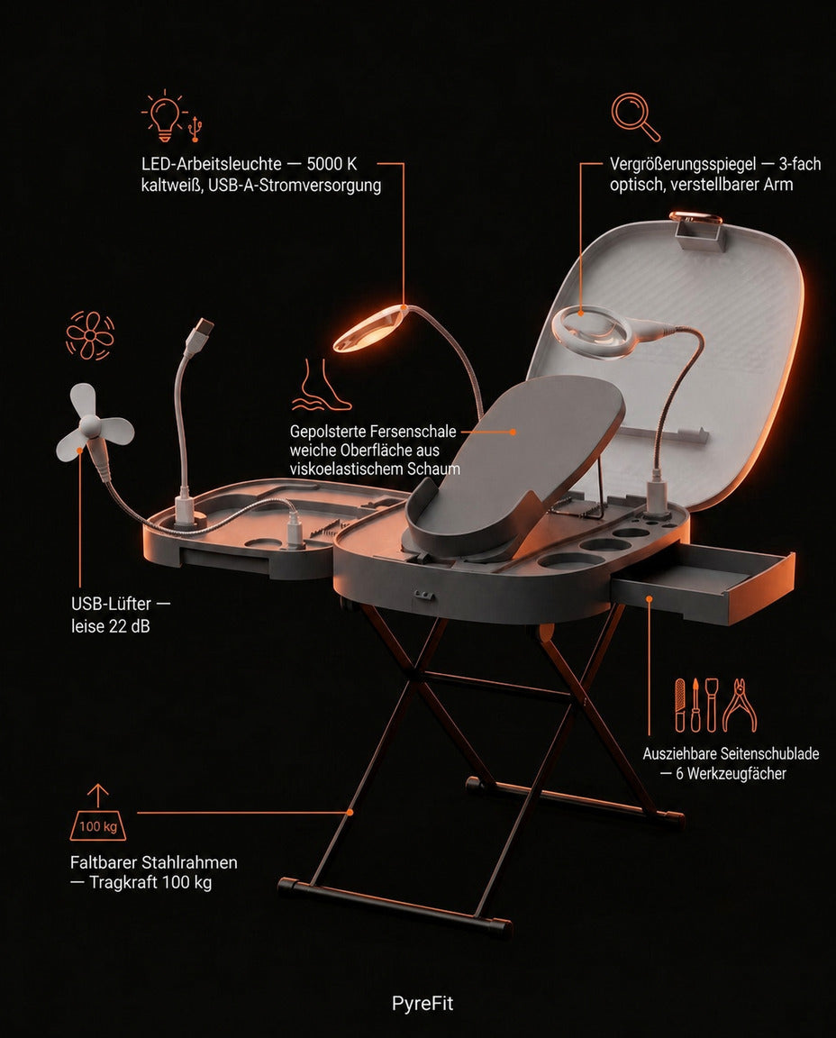 Fotvårdsstation med lampa och spegel – upphöjt stöd för pedikyr hemma – produktbild 10