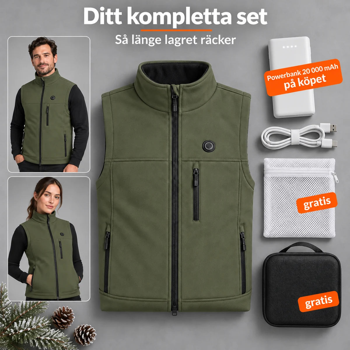 Komplett set: Allora, powerbank 20 000 mAh, laddkabel, tvättpåse och väska