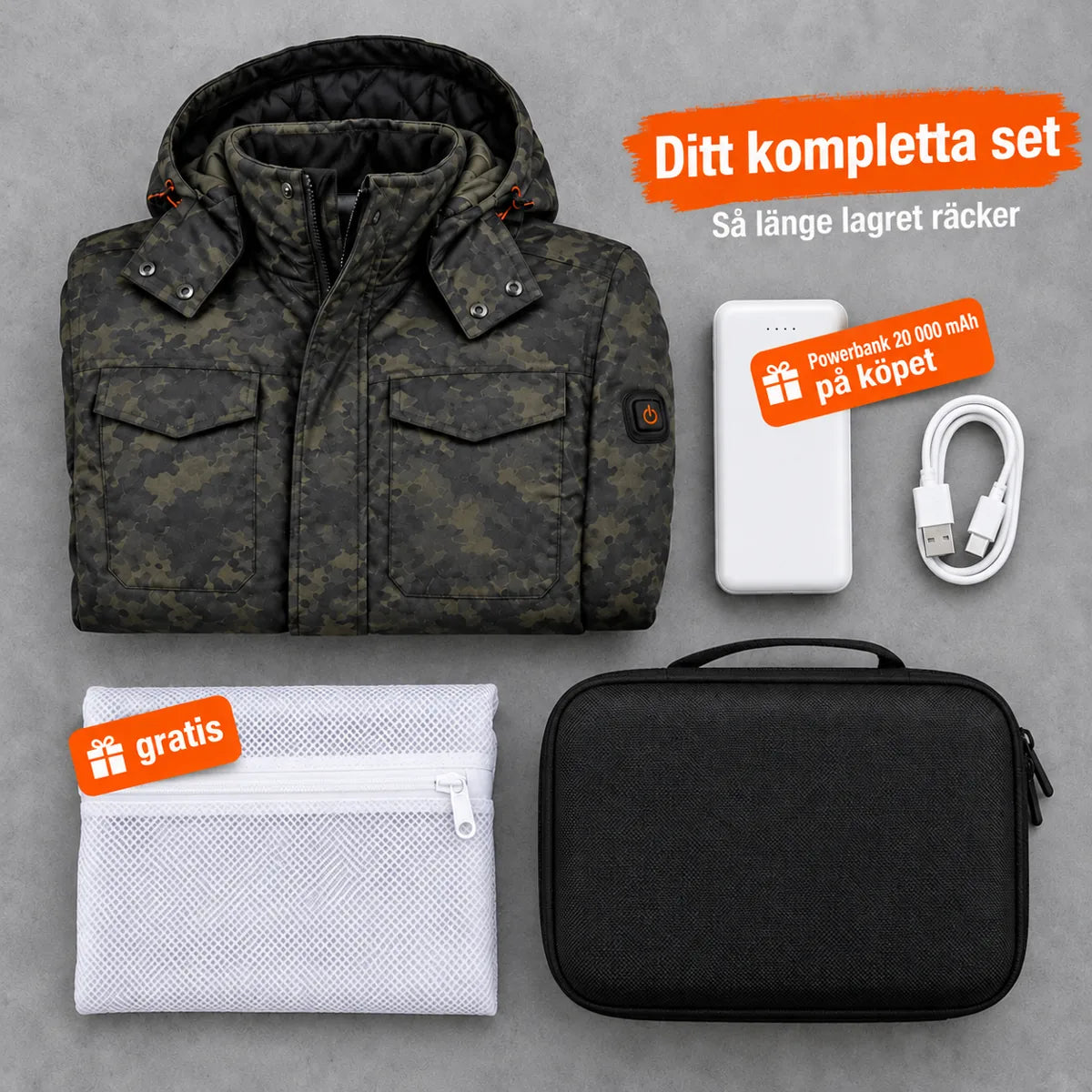 Komplett set: Alpino, powerbank 20 000 mAh, laddkabel, tvättpåse och väska