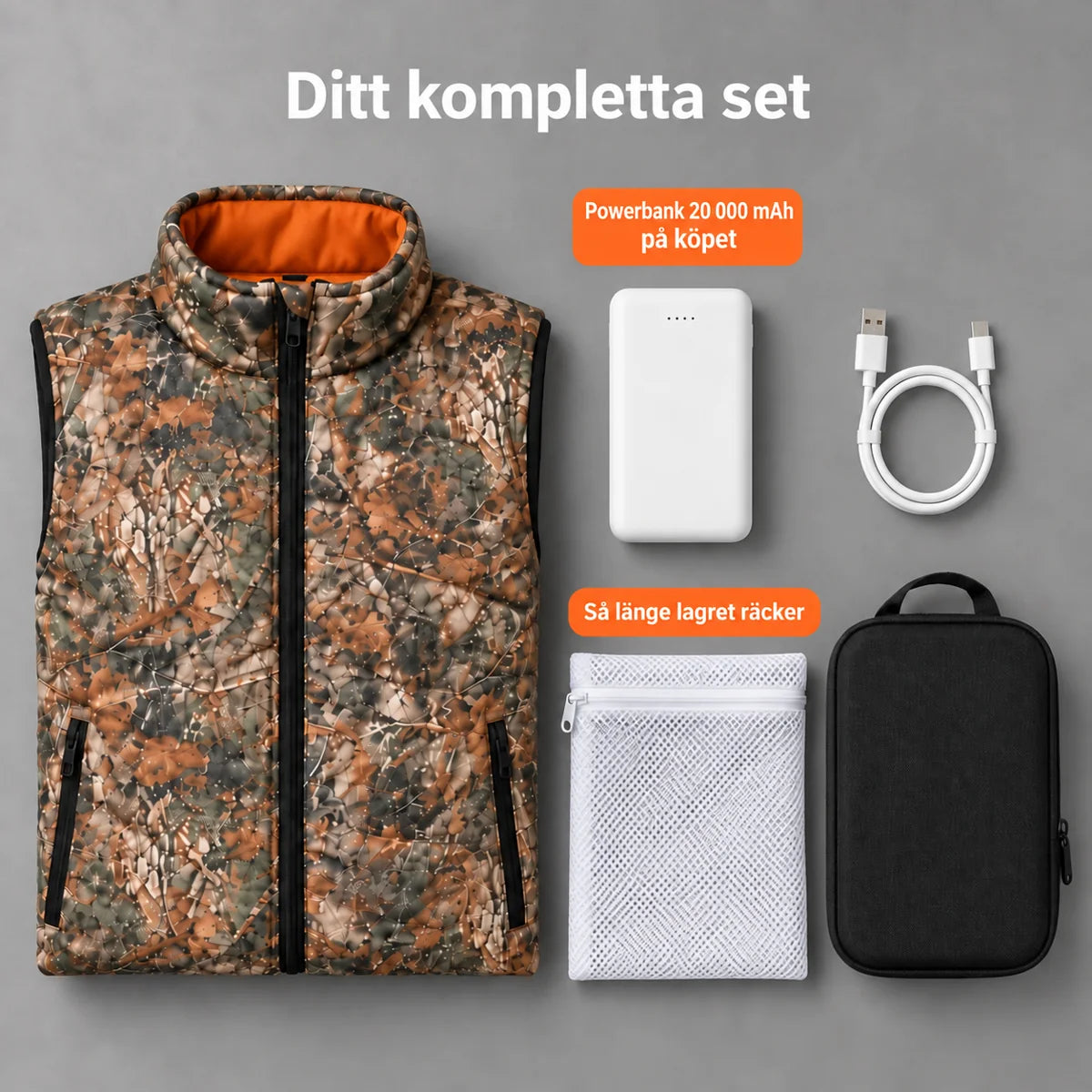 Komplett set: Altor, powerbank 20 000 mAh, laddkabel, tvättpåse och väska