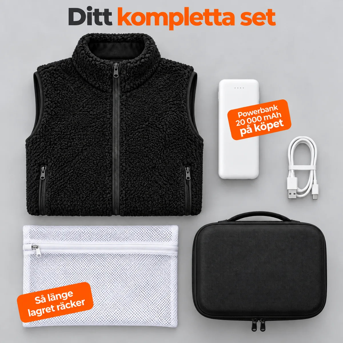 Komplett set: Amparo, powerbank 20 000 mAh, laddkabel, tvättpåse och väska