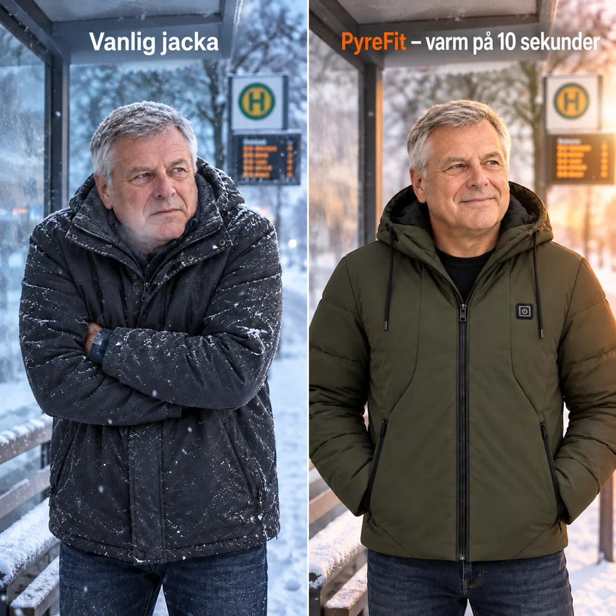 Jämförelse: vanlig vinterjacka och Apexia med värme