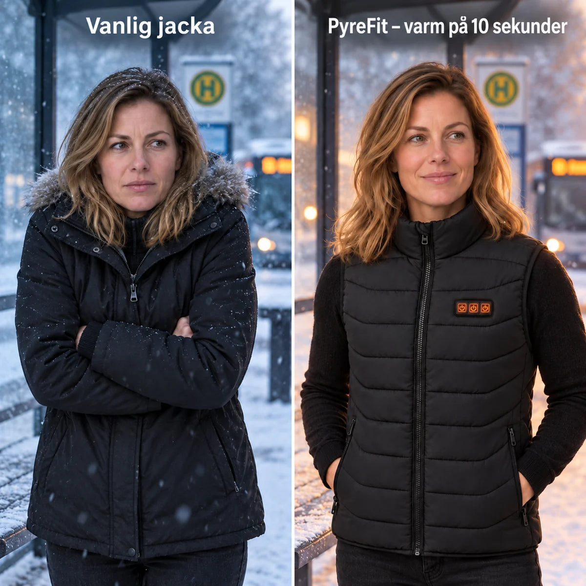 Jämförelse: vanlig vinterjacka och Aurina med värme