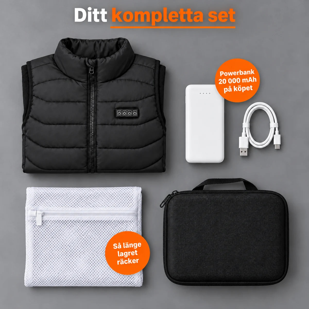 Komplett set: Aurina, powerbank 20 000 mAh, laddkabel, tvättpåse och väska