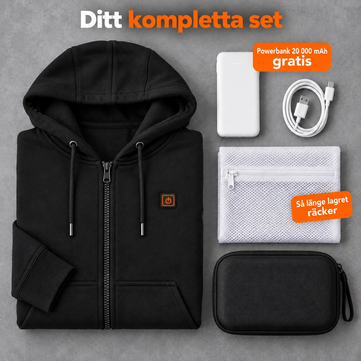 Komplett set: Cosaro, powerbank 20 000 mAh, laddkabel, tvättpåse och väska