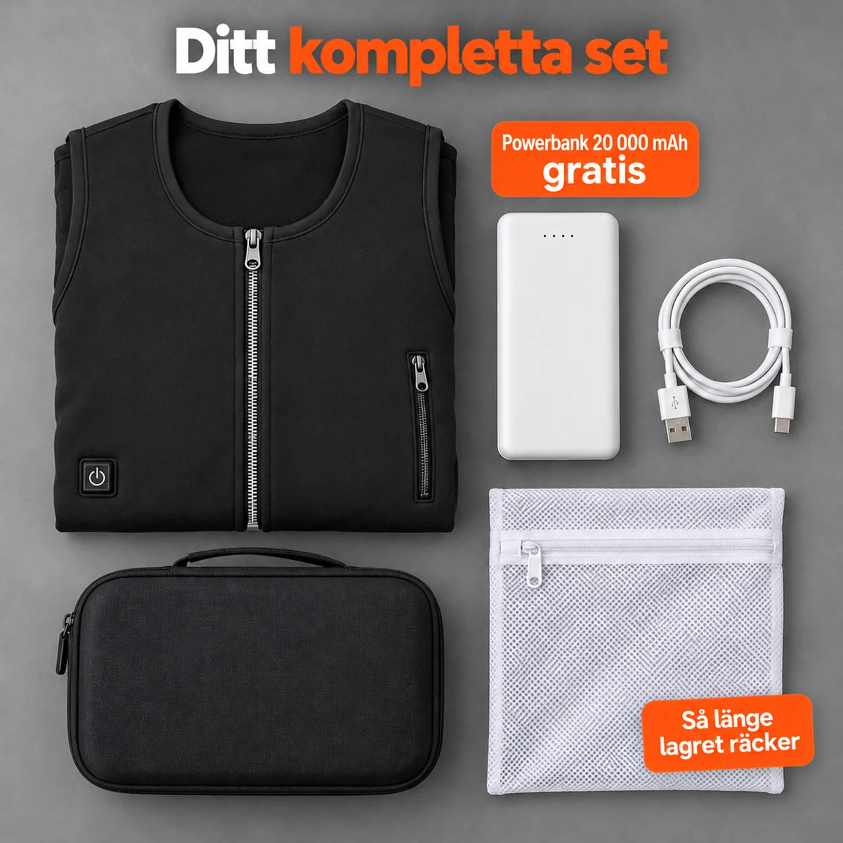 Komplett set: Duvaro, powerbank 20 000 mAh, laddkabel, tvättpåse och väska