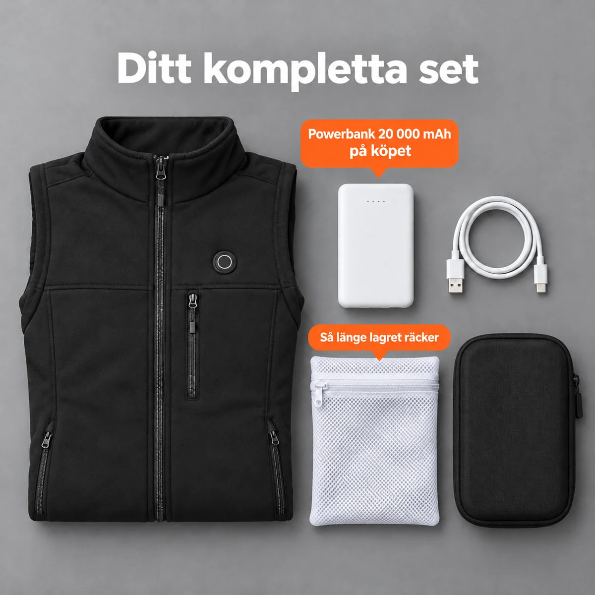 Komplett set: Elaressa, powerbank 20 000 mAh, laddkabel, tvättpåse och väska