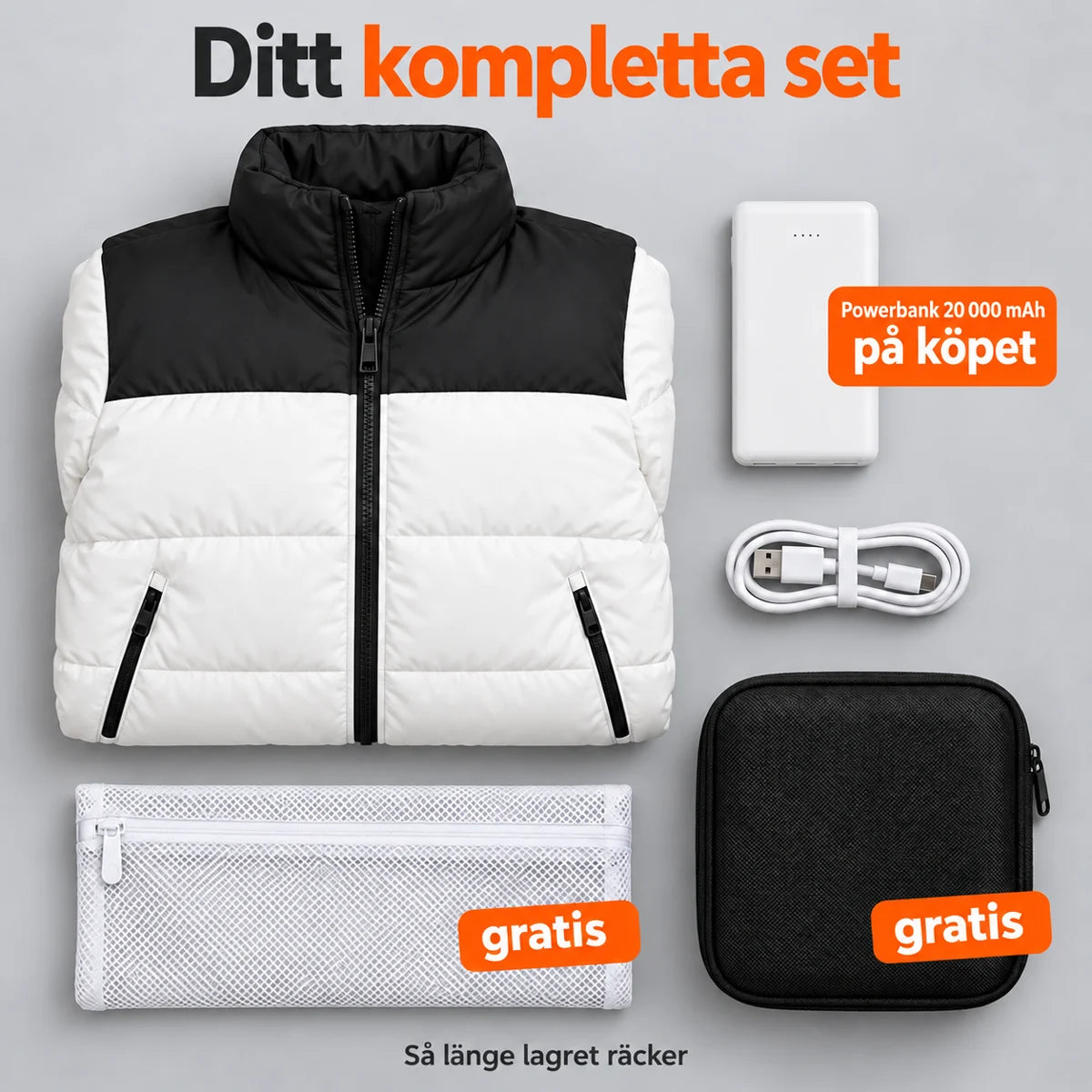 Komplett set: Elaron, powerbank 20 000 mAh, laddkabel, tvättpåse och väska