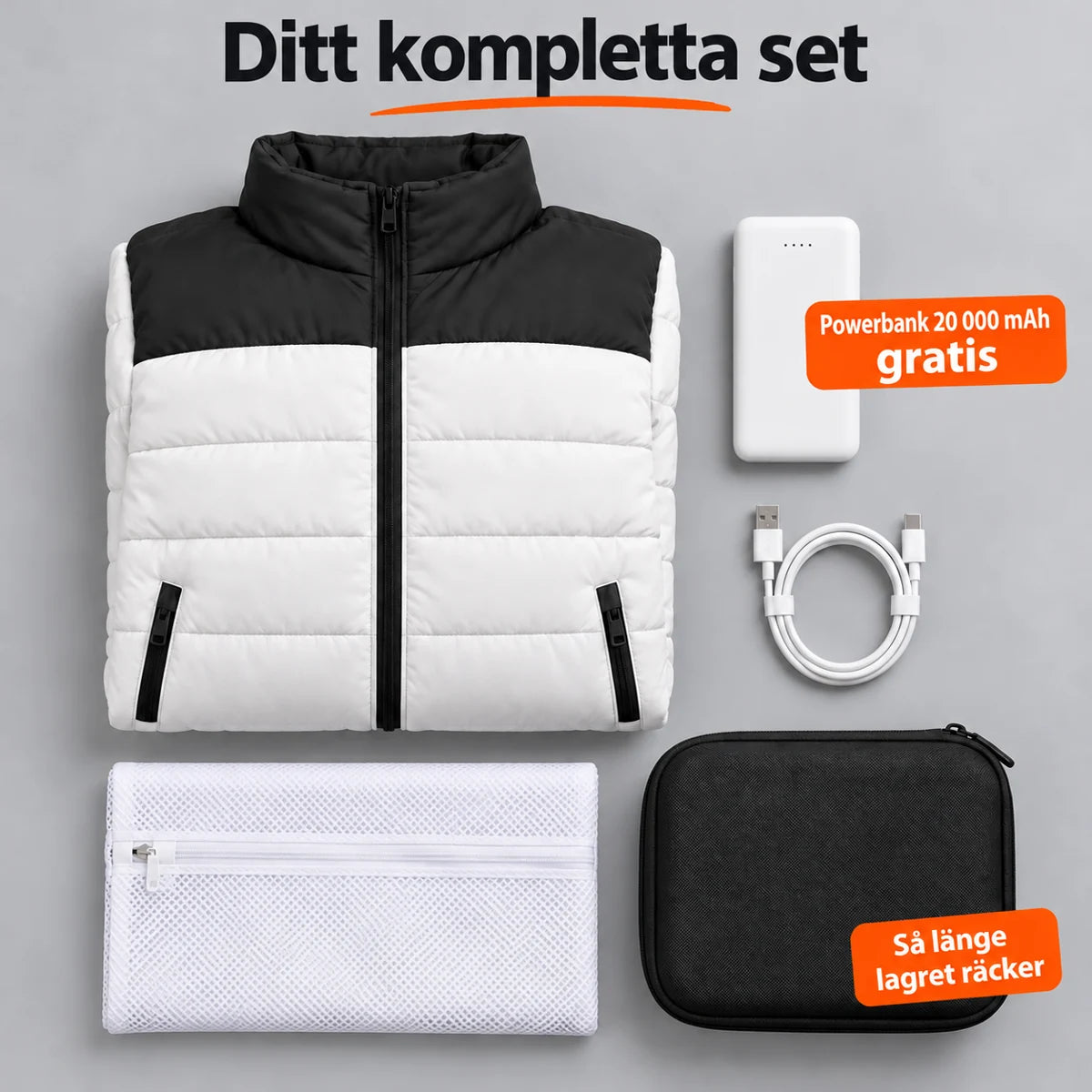 Komplett set: Expelia, powerbank 20 000 mAh, laddkabel, tvättpåse och väska