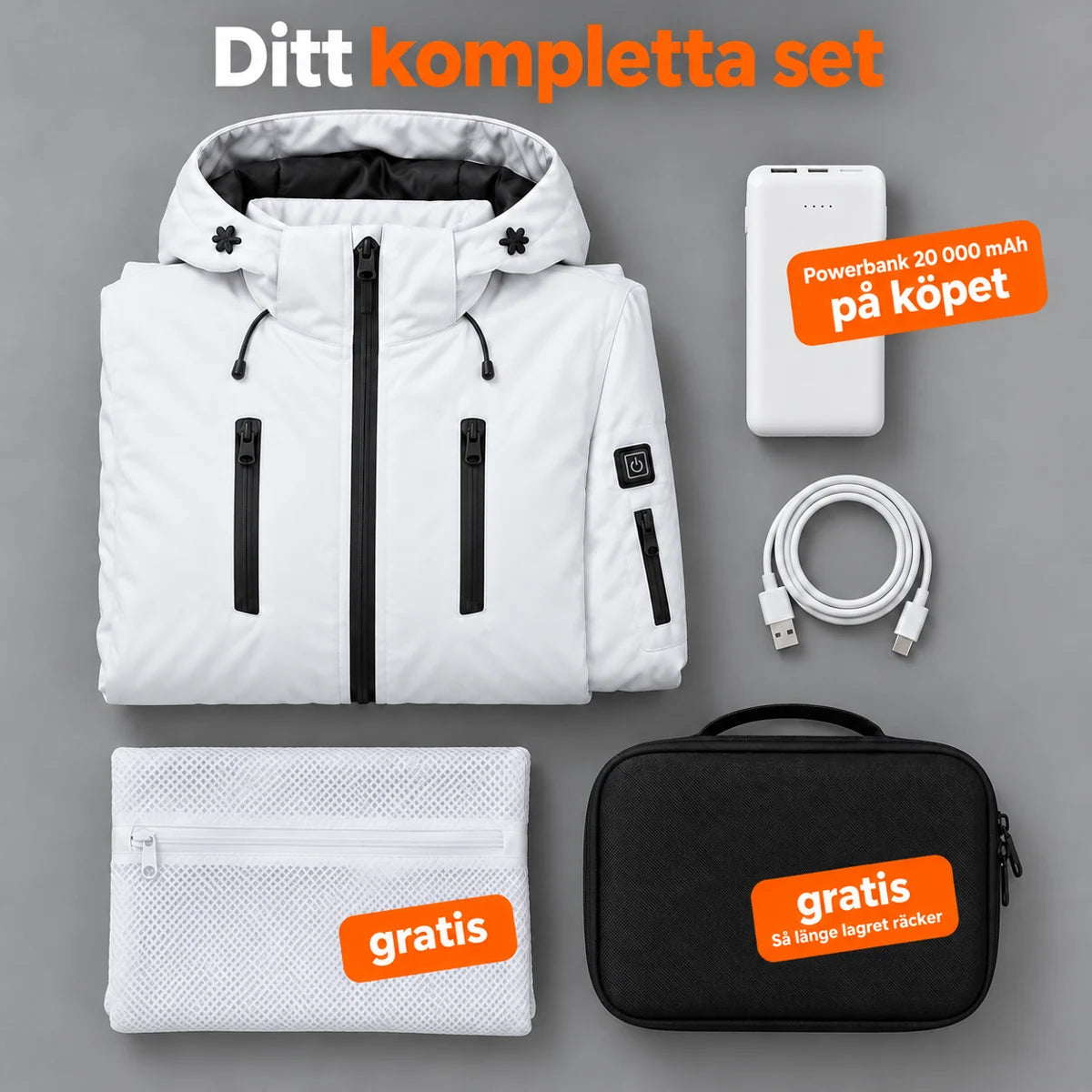 Komplett set: Glacio, powerbank 20 000 mAh, laddkabel, tvättpåse och väska