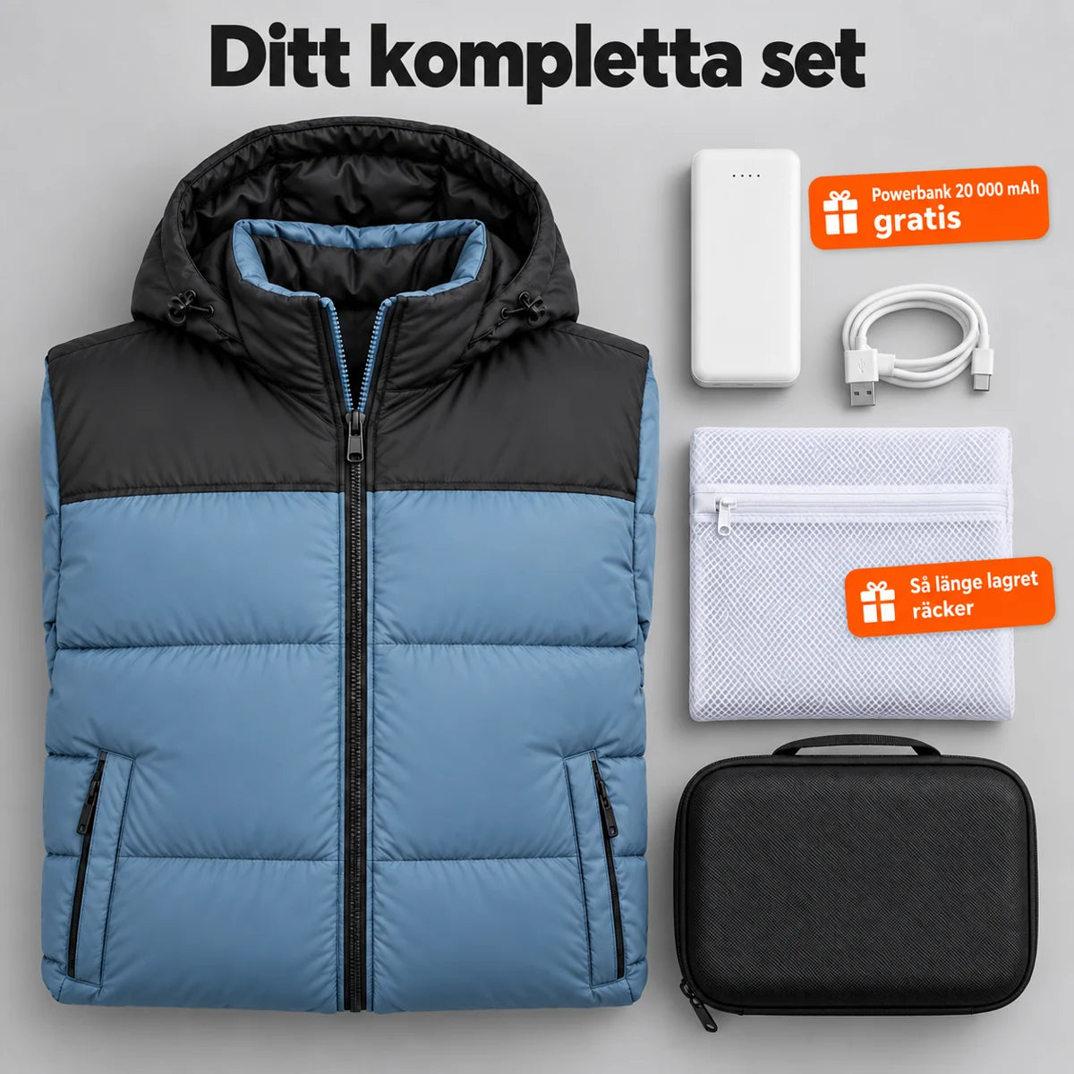 Komplett set: Gletor, powerbank 20 000 mAh, laddkabel, tvättpåse och väska