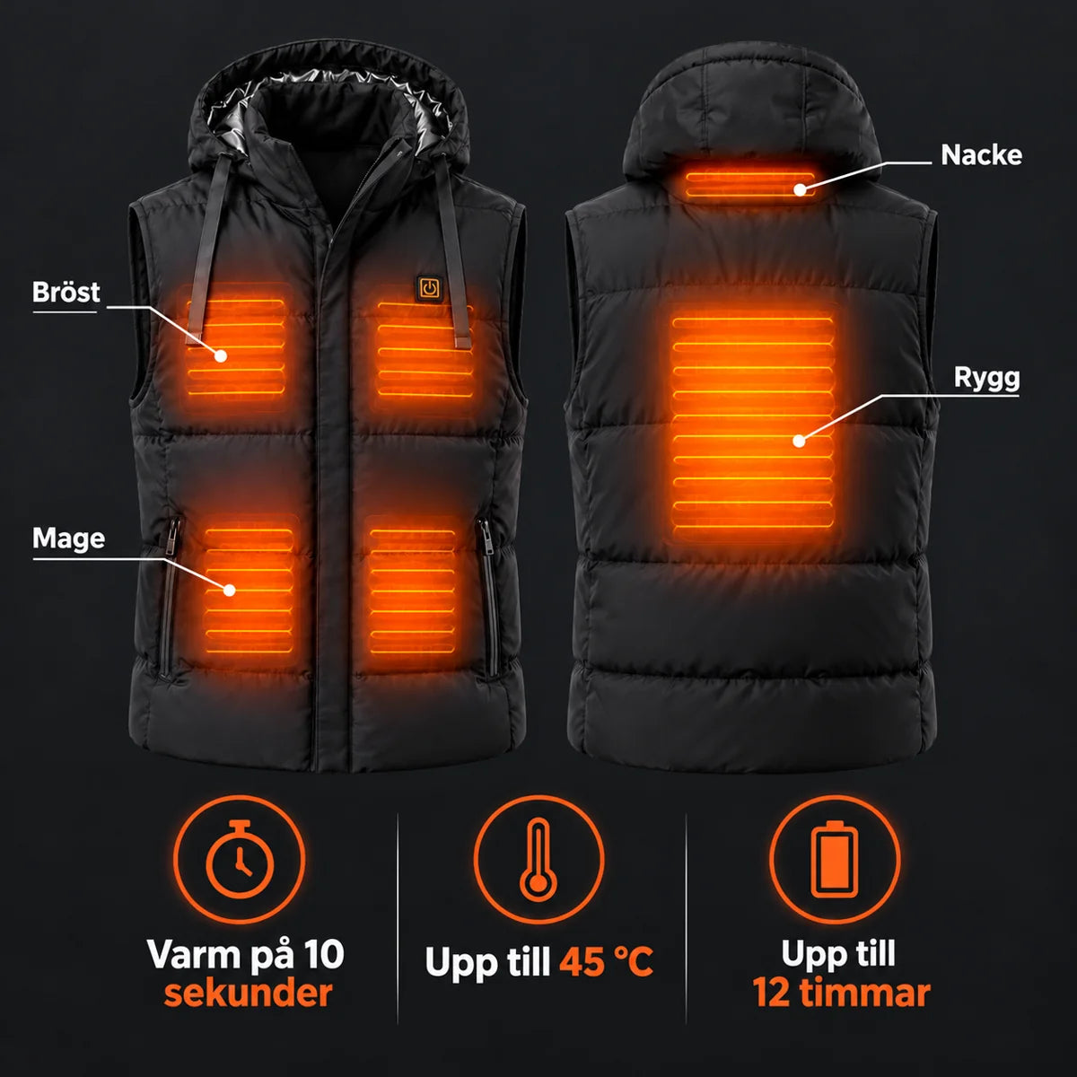 Värmeväst unisex med huva PyreFit Horizonor: värmezoner på bröst, mage, nacke och rygg