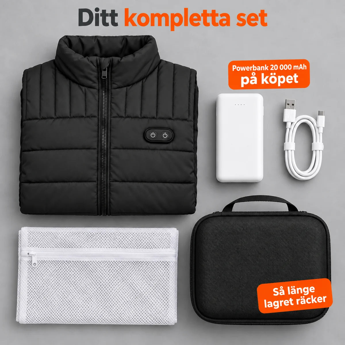 Komplett set: Matrixor, powerbank 20 000 mAh, laddkabel, tvättpåse och väska