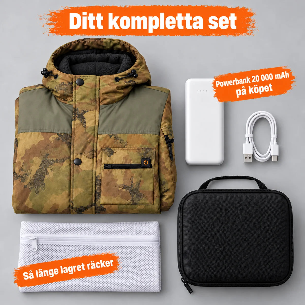 Komplett set: Mistro, powerbank 20 000 mAh, laddkabel, tvättpåse och väska