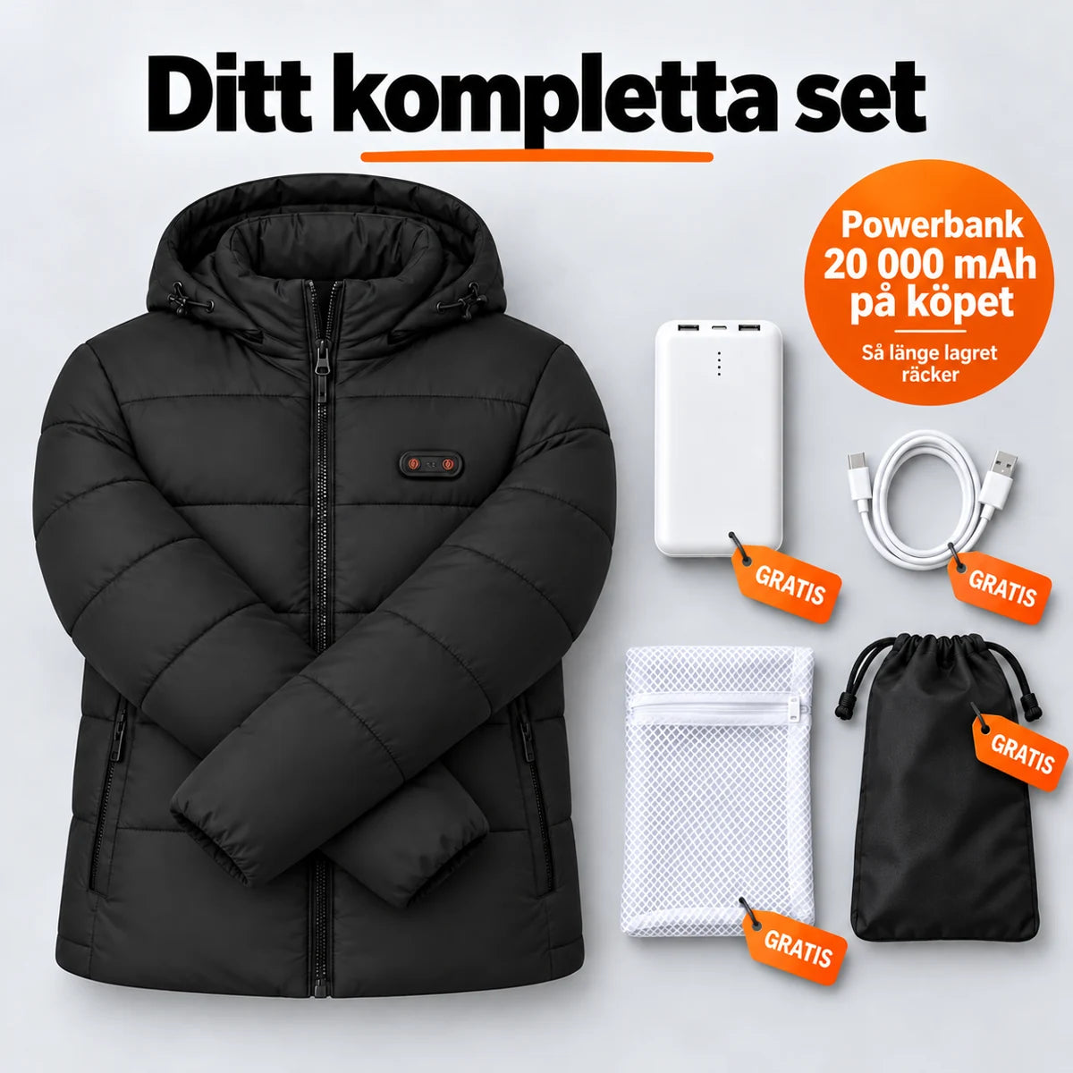 Komplett set: Nordik, powerbank 20 000 mAh, laddkabel, tvättpåse och väska