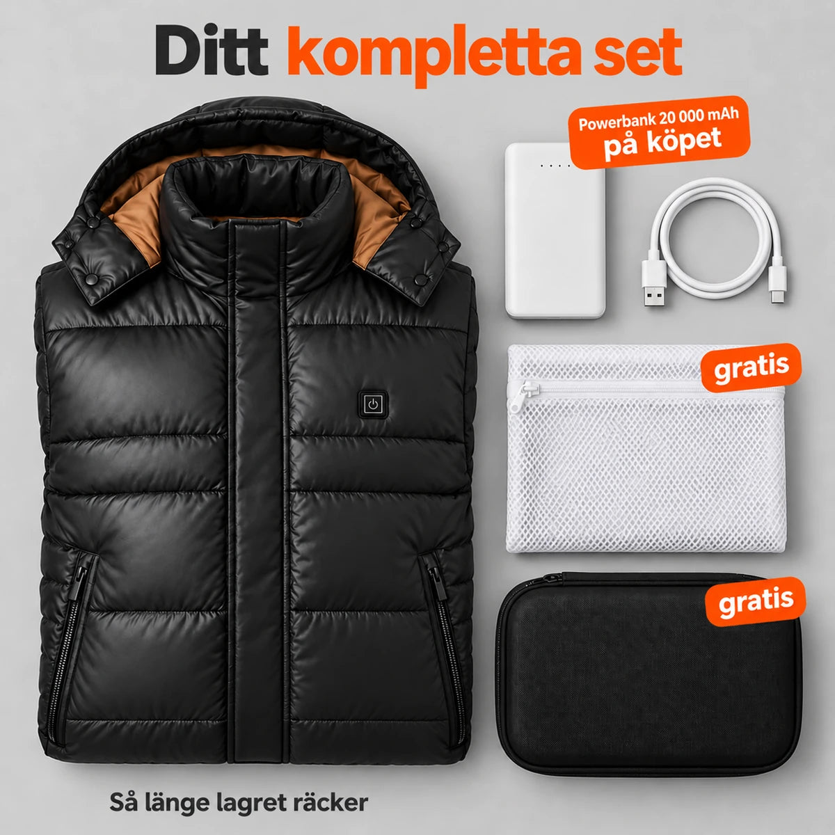 Komplett set: Norvia, powerbank 20 000 mAh, laddkabel, tvättpåse och väska