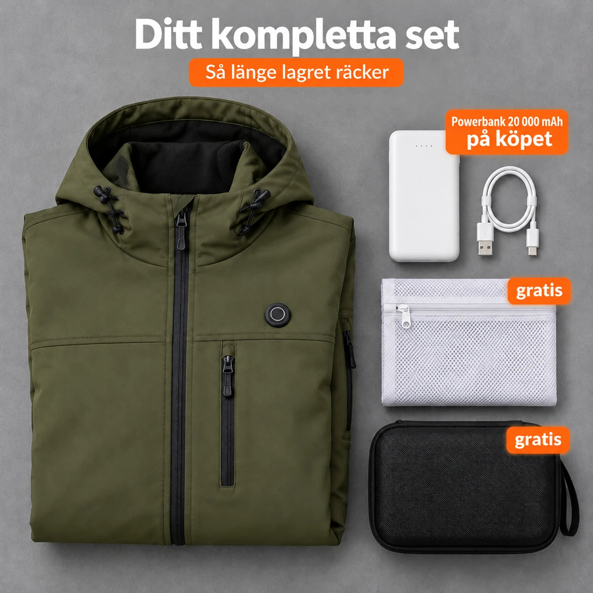 Komplett set: Novera, powerbank 20 000 mAh, laddkabel, tvättpåse och väska