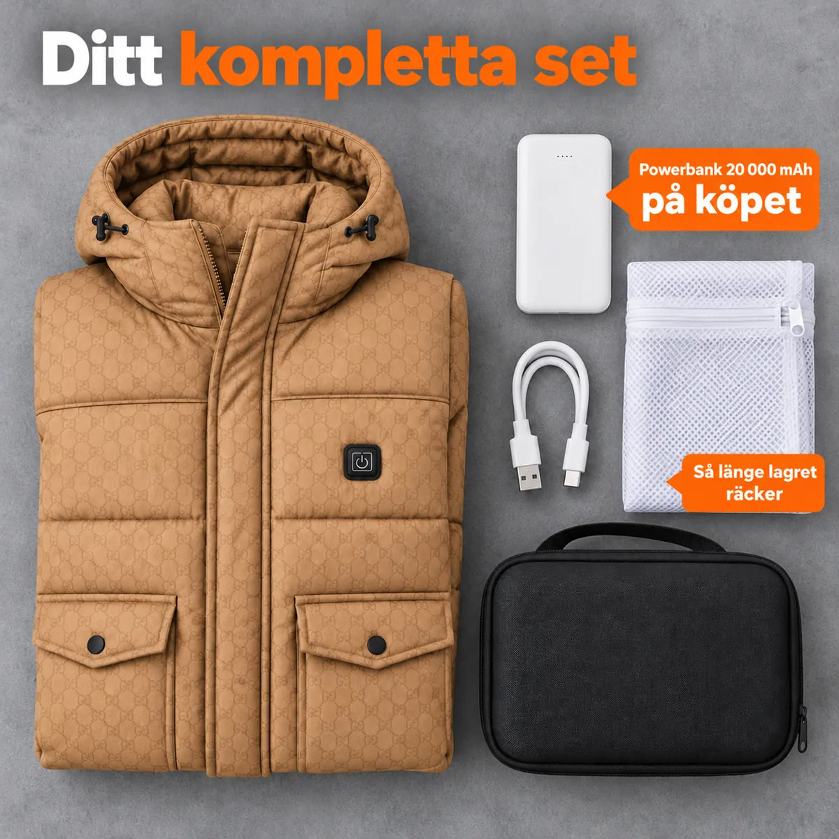 Komplett set: Orielle, powerbank 20 000 mAh, laddkabel, tvättpåse och väska
