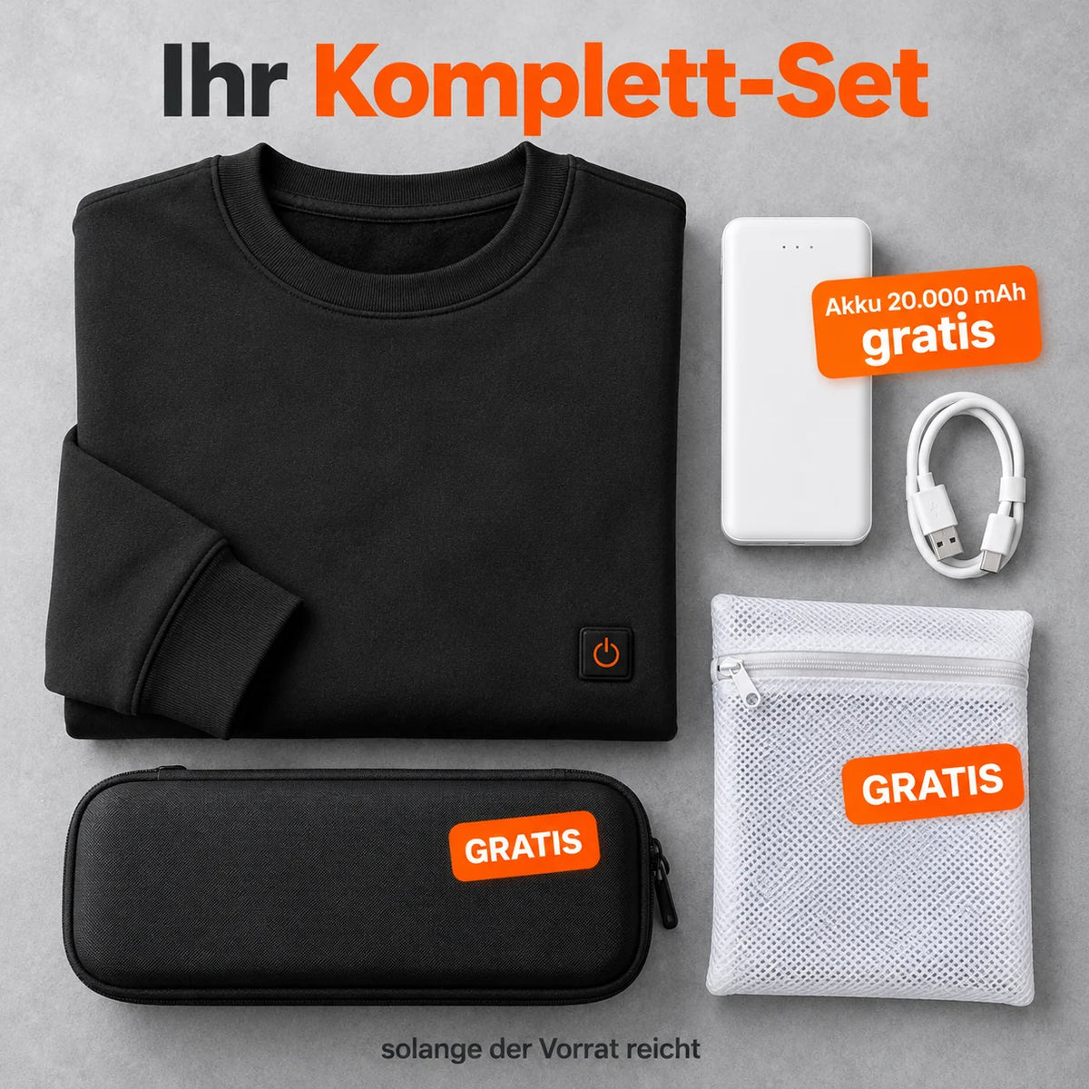 Komplett set: Aeroan, powerbank 20 000 mAh, laddkabel, tvättpåse och väska