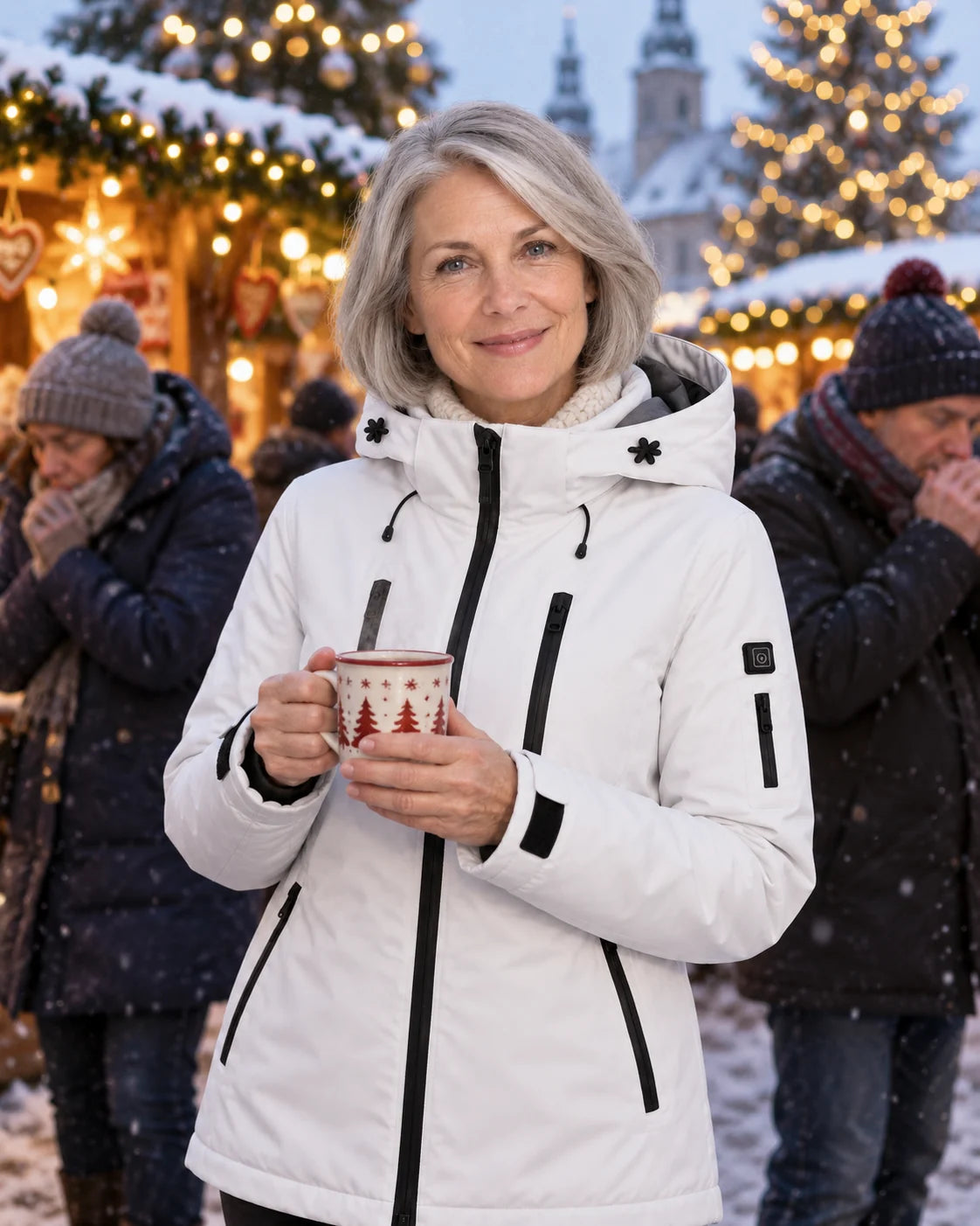 Uppvärmd parkas dam PyreFit Glacio en vinterdag: på julmarknaden