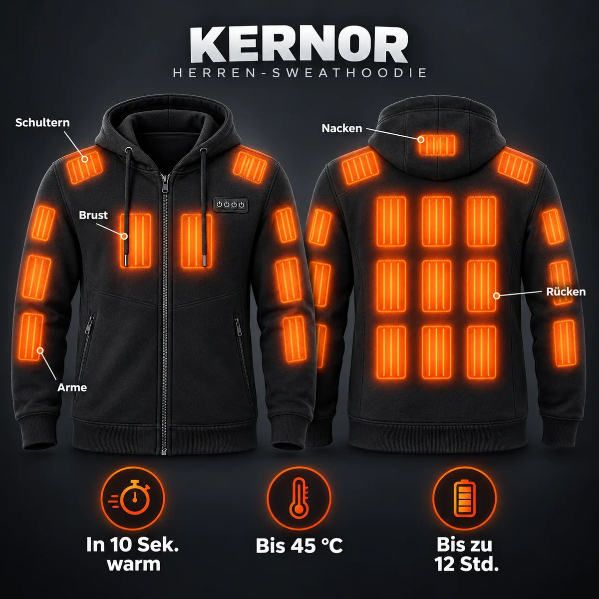 Uppvärmd sweatshirthoodie herr PyreFit Kernor: 23 värmezoner på armar, axlar, nacke, bröst och rygg
