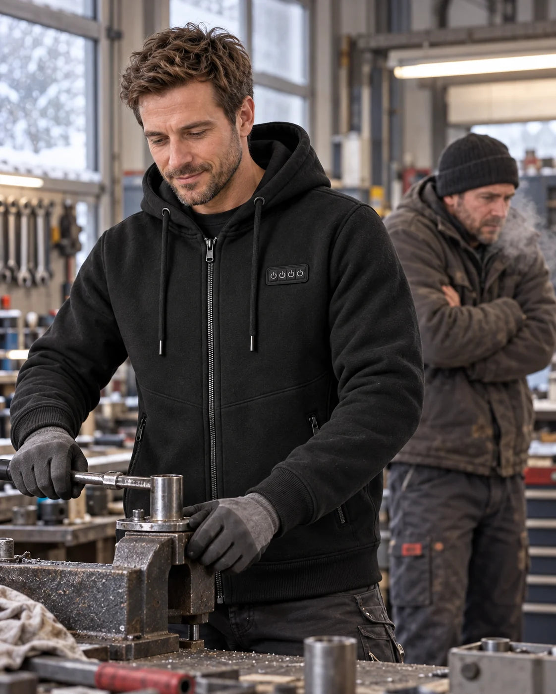 Uppvärmd sweatshirthoodie herr PyreFit Kernor en vinterdag: i verkstaden