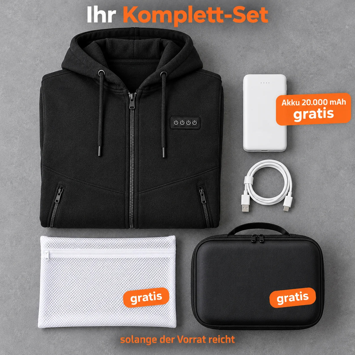 Komplett set: Kernor, powerbank 20 000 mAh, laddkabel, tvättpåse och väska