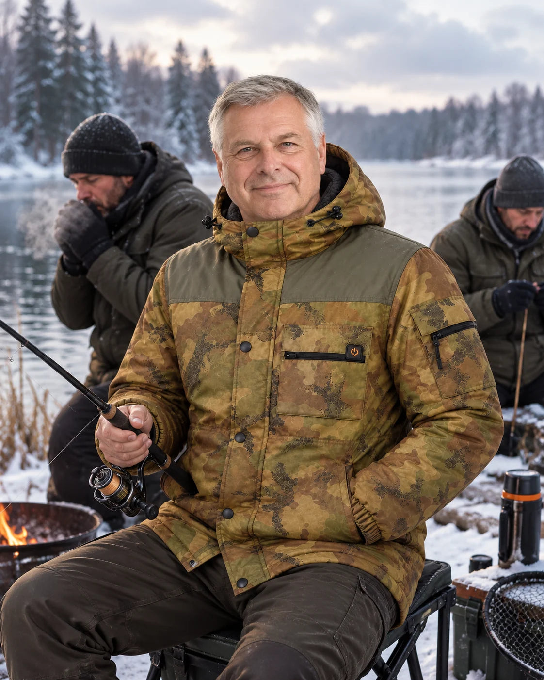 Uppvärmd rock herr i kamouflage PyreFit Mistro en vinterdag: vid fisket